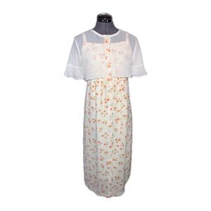 Vtg 70s Floral Maxi Babydoll Dress Sheer Capelet Cream Orange B40 M/L DAMAGED